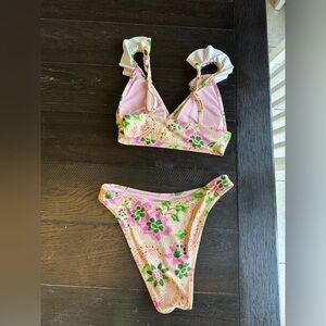Aerie Swimsuit Womens XS Two Piece Bikini Pink Green Tropical Floral Cheeky